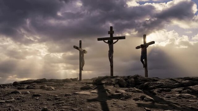 Three wooden crosses on the rocky hill of Golgotha under a dramatic cloudy sky
