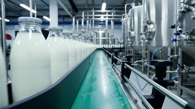 Automated milk bottling process on a conveyor belt in a modern dairy plant