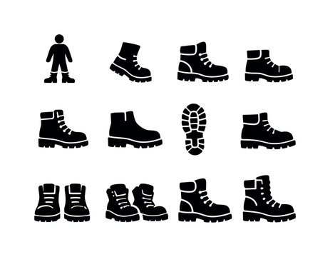 Person in Work Boots. Solid icon set of person in work boots: standing worker boots, walking worker boots, heavy duty work boots, steel toe boots, lace up work