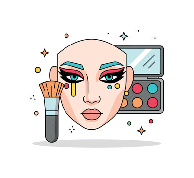 Character makeup tutorial stylized face with dramatic eyeliner and colorful accents while a makeup brush and palette appear nearby suggesting step by step