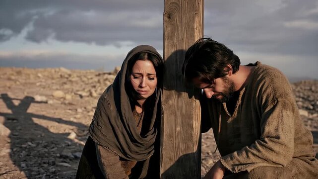 Mary and the beloved disciple weeping at the foot of Jesus cross