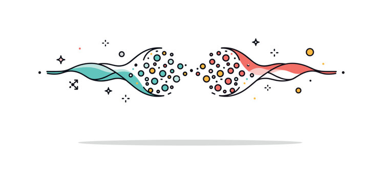 Wave particle duality artistic concept two mirrored shapes where a smooth wave line transforms into floating particles forming a creative visual metaphor. The