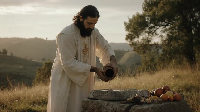 Noah pouring a liquid offering from a clay jar onto a stone altar. Biblical sacrifice ritual on a hilltop. Old Testament religious scene