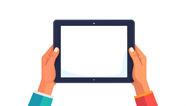 Holding blank screen tablet computer cartoon illustration with hands showing app display