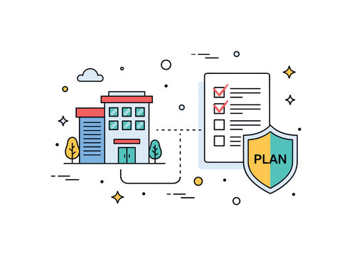 Business continuity planning concept centered on a small office building connected with a checklist and a protective shield labeled ?Plan?. The scene suggests