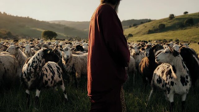 Biblical patriarch Jacob standing among spotted and speckled sheep. Historical depiction of prosperity and livestock wealth. Old Testament Genesis story