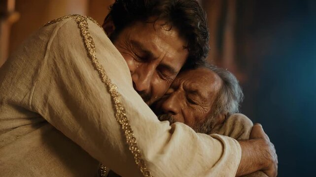Joseph reuniting with his father Jacob after many years. Emotional biblical scene of a son embracing his father. Old Testament family concept
