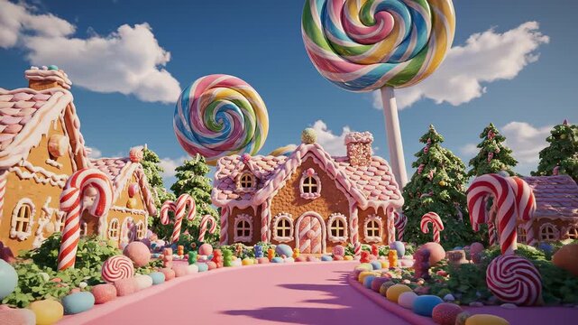 Candyland village with lollipops and gingerbread houses