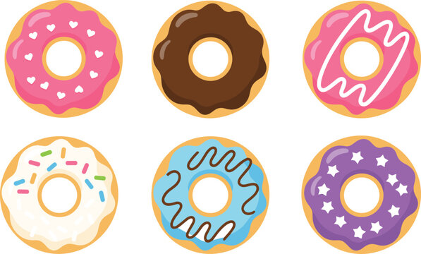 Set of six colorful donut vector icons with different glazes including chocolate pink blue purple and white sprinkles stars and hearts.