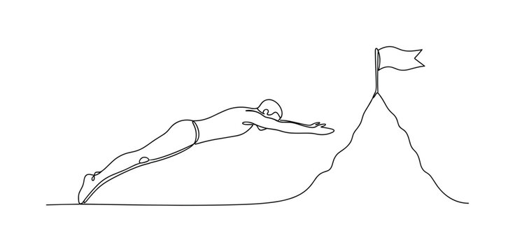 Dive Into Victory. Minimalistic one-line drawing figure diving forward toward a victory flag on a peak symbolizing success, continuous single black line on