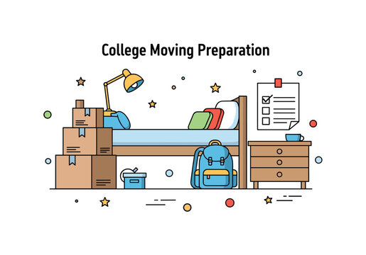 College moving day preparation a compact dorm room scene with stacked boxes, a backpack, and a checklist note suggesting organized packing and a smooth