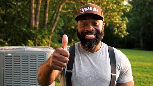 Man in cap and suspenders smiling outdoors