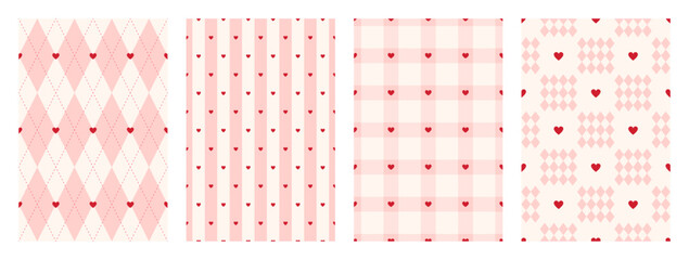Naklejka na ściany i meble Cute pastel pink set of seamless pattern with tiny hearts. Gingham, plaid, stripes and rhombus print for wrapping paper, textile and fabric. Girly backgrounds. Vector illustration