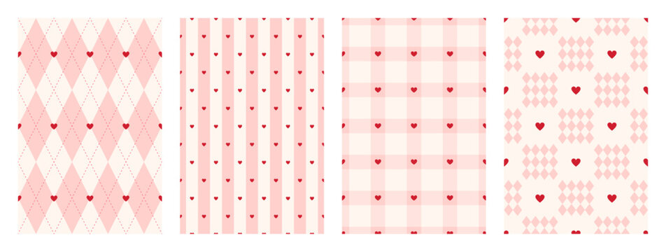 Cute pastel pink set of seamless pattern with tiny hearts. Gingham, plaid, stripes and rhombus print for wrapping paper, textile and fabric. Girly backgrounds. Vector illustration