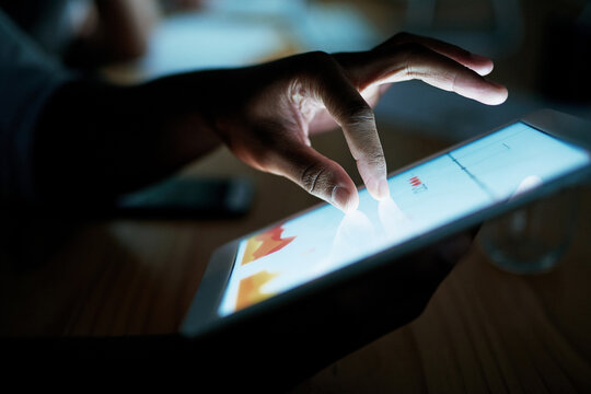 Night, hands and person with tablet screen at agency for ui testing, check site speed or app usability. UX display, web developer and scroll on tech for performance, user experience and functionality