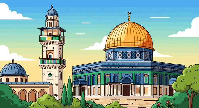 Dome of the Rock and Al-Aqsa Mosque, iconic religious landmarks in Jerusalem, depicted in a vibrant illustration with blue skies and green foliage