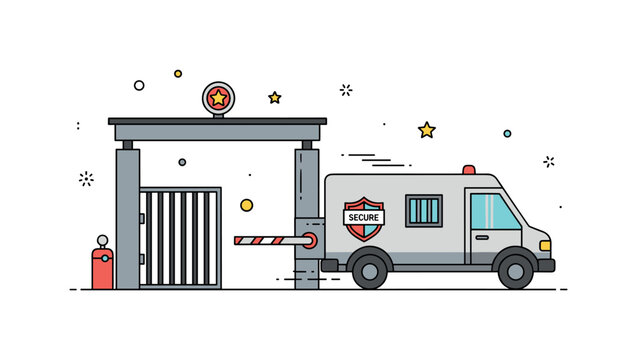 Correctional transport vehicle departing from a secure facility gate with a sturdy van featuring a small barred window and a subtle shield icon