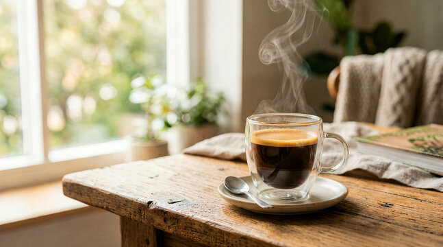 Steaming cup of coffee in a double wall glass on a rustic wooden table. Hot espresso with crema and rising steam. Cozy morning routine concept