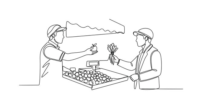 Handing Over Produce. Minimalistic one-line drawing vendor giving fresh produce to a customer at market stall, continuous single black line on white