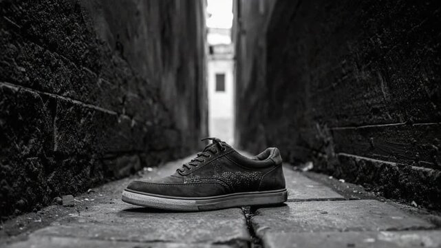 Abandoned Shoe in a Dark Urban Alleyway Black and White Photography