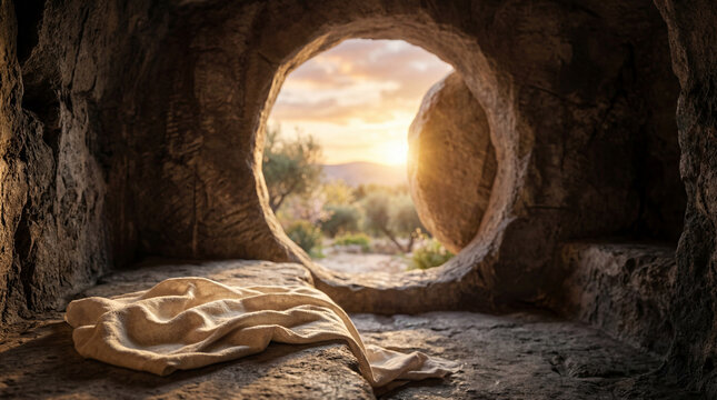 Empty Tomb at Sunrise with Linen Cloth &ndash; Christian Easter Resurrection Concept