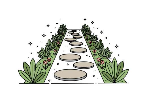 Garden stepping stone path series of rounded stepping stones leading through lush plants and small flowers arranged symmetrically along both sides of the