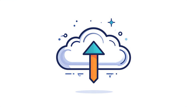 Cloud upload icon with arrow in cartoon style vector illustration on white background