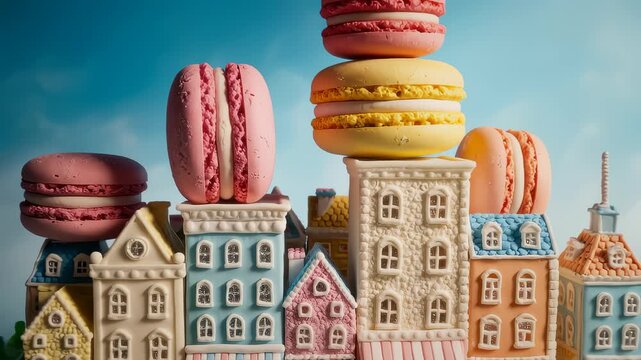 Vibrant gingerbread village with macarons: whimsical journey through sweet architecture