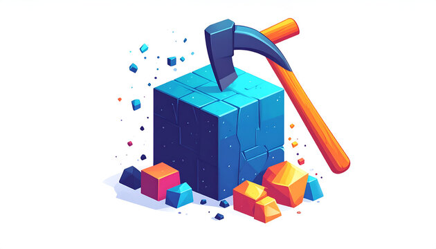 Blue block being mined with a pickaxe in isometric style with colorful debris around