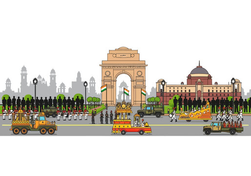 Indian Republic Day Parade at India Gate with Military Vehicles and Marching Soldiers.