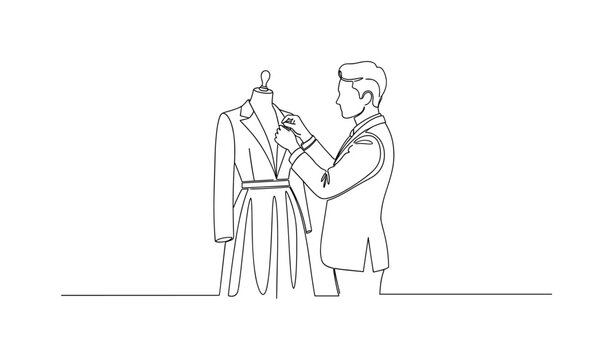 Final Outfit Check. Minimalistic one-line drawing stylist examining a complete outfit on a mannequin for editorial photoshoot, continuous single black line on