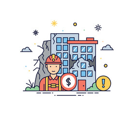 Fototapeta premium Earthquake rescue operation rescue worker figure near a damaged building with a small helmet and safety symbol suggesting emergency response after a seismic