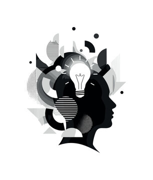 silhouette with lightbulb above head, geometric circles semicircles and abstract shapes representing realization and inspiration, black and white retro