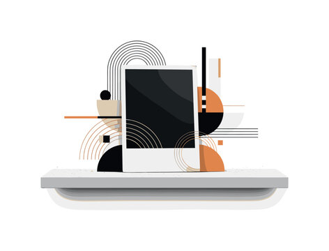 old photograph frame on dusty shelf abstract semicircles lines and geometric blocks symbolizing memory and nostalgia black and white retro frame object with