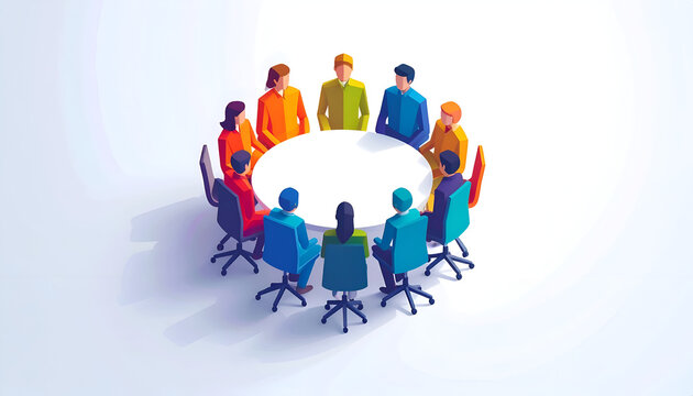 Business team meeting in round table discussion with people in isometric illustration
