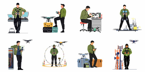 Set of flat vector illustrations depicting professional drone operators and technicians involved in flight control, maintenance, and various technical operations with UAVs. © Sugik