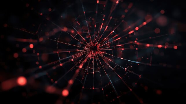 Dark moody macro visualization of data explosion with red glowing lines and dots on black background representing digital technology and data transfer