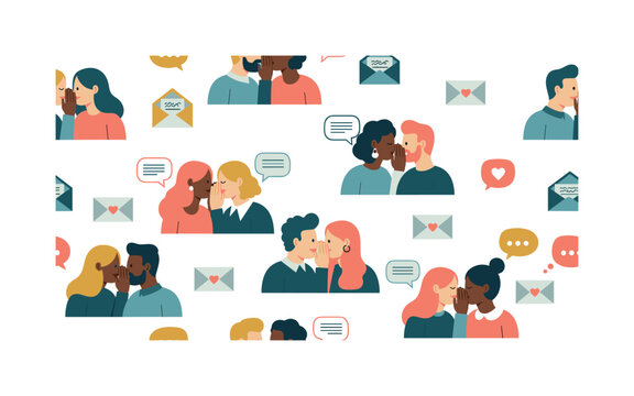 private confessions seamless pattern, individuals whispering secrets, envelopes, hearts, speech bubbles and handwritten notes arranged in a repeating pattern,