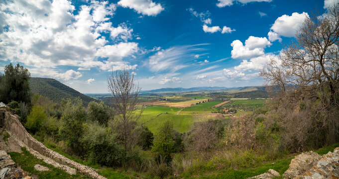 Italy Etruscan Grosseto Roselle etruscan roman and medieval ruins panoramic view of the Grosseto plain, framed by Lake Prile