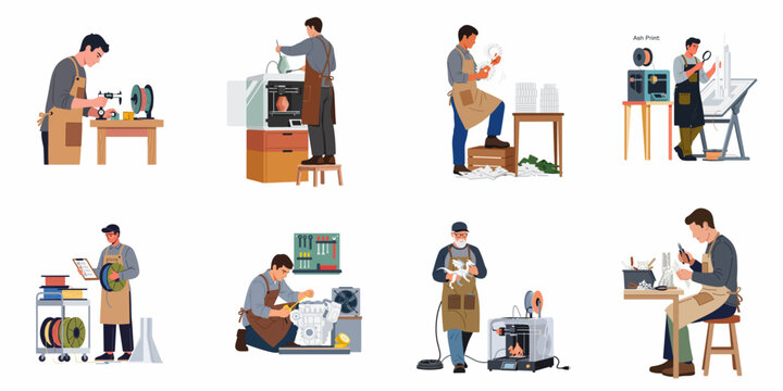 Flat illustration set of engineers and makers using 3D printing technology to design, prototype, and manufacture various objects in a workshop.