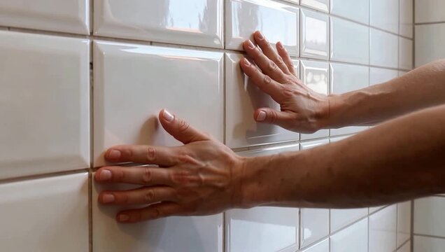 Hands touching white tiled wall in close up shot.