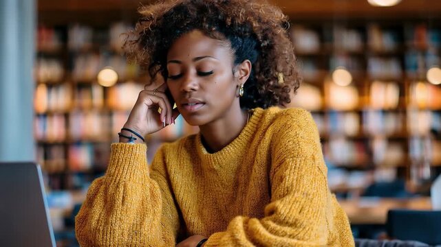 Student woman in library thinking while using laptop and surrounded by books in cozy study environment