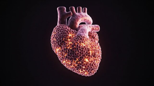 A video showcasing a detailed 3D model of a human heart against a dark background