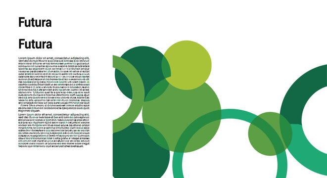 Minimalist Futura typography layout, abstract green geometric circles background, modern editorial design template with lorem ipsum text