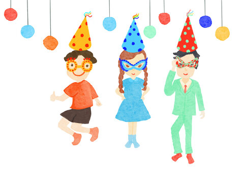 水玉模様の帽子と仮装用メガネをかけてお部屋でパーティー開催イラスト