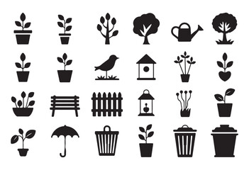 Large set of various gardening and outdoor icons including plants, trees, bird, birdhouse, and tools © Bd Artist