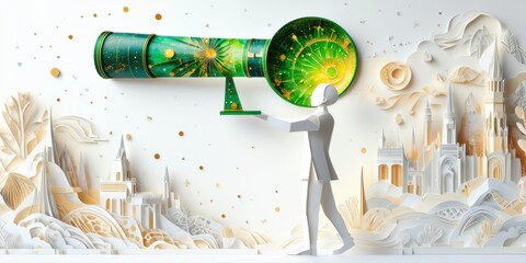 Fototapeta premium Papercraft illustration depicts person viewing vibrant cosmos through telescope. Cityscape background adds whimsical touch. Golden sparkles enhance scene.