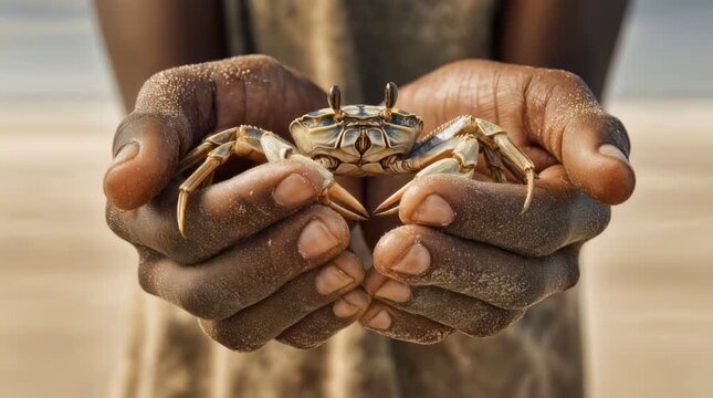 dark-skinned male hands holding a small crab against the background of a sandy beach
