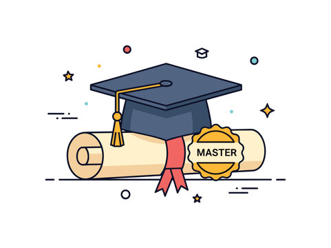 Master degree achievement symbolized by a graduation cap resting on a diploma scroll while a small badge labeled ?Master? highlights advanced academic success.