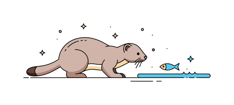 Mink predator instinct focused animal crouching low while watching a tiny fish icon in shallow water nearby. The scene communicates alertness, patience, and